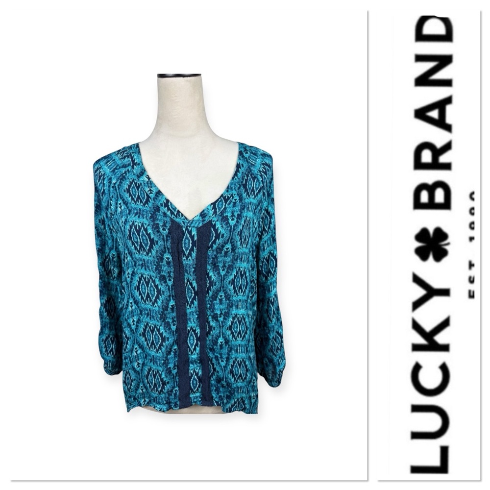 Lucky Brand blue green Aztec print top size large
